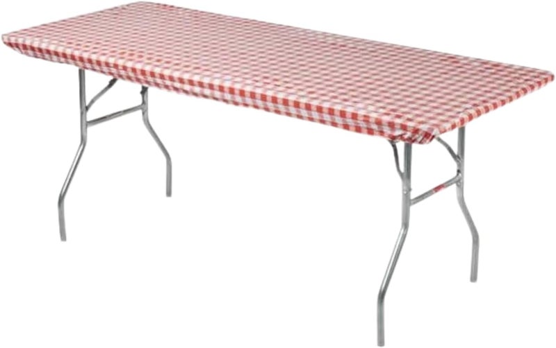 Kwik-Covers 8' Rectangle Plastic Table Covers 30" x 96", Bundle of 5 (Red Gingham) - Image 1